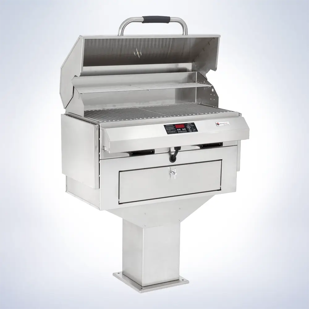 Side view of ElectriChef Ruby 32 Pedestal Grill with open hood – stainless steel build and dual-zone grilling