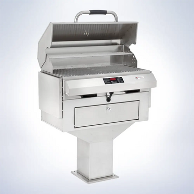 Side view of ElectriChef Ruby 32 Pedestal Grill with open hood – stainless steel build and dual-zone grilling