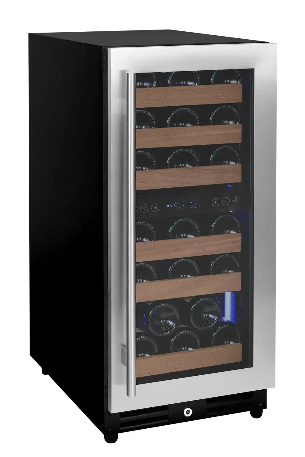 Allavino Reserva 15" dual-zone wine refrigerator, stainless steel trim, right hinge, 30 bottles.