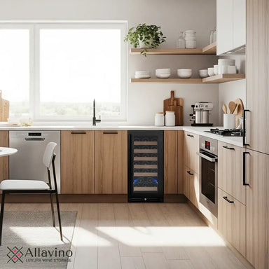 Allavino Reserva 15" wine refrigerator built-in under counter in modern kitchen setting.