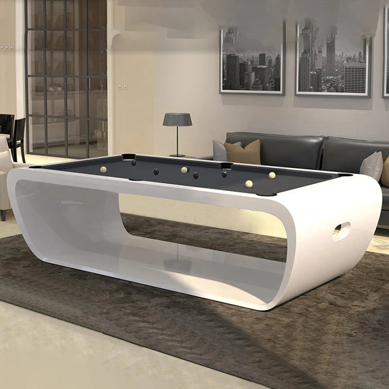 White Billiards Aldo pool table in glossy white finish with curved modern base design showcased in a luxury living room setting.
