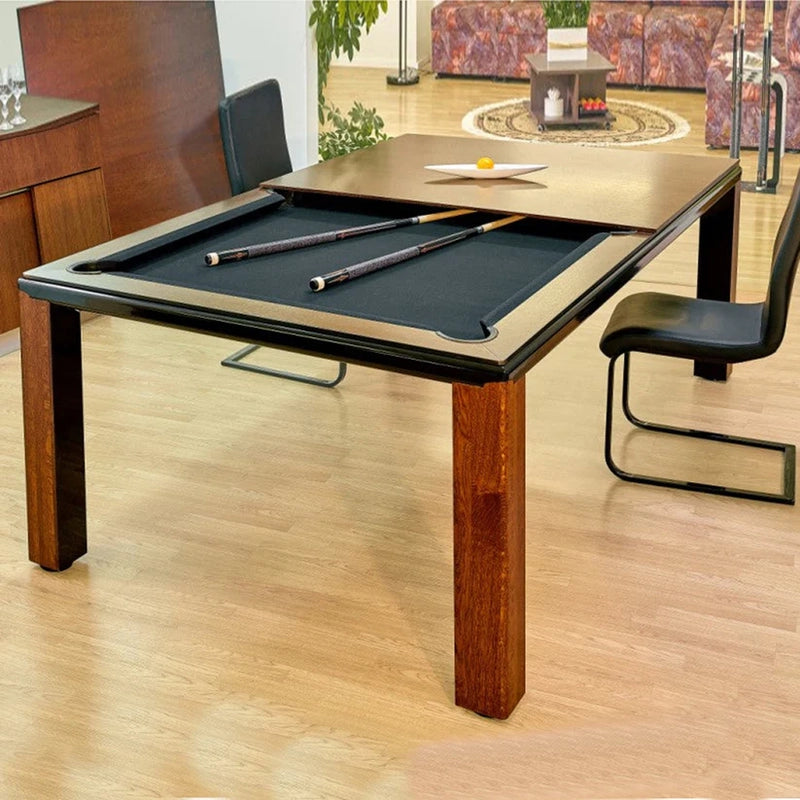 Angled shot of White Billiards Alpha oak wood dining pool table with tan felt