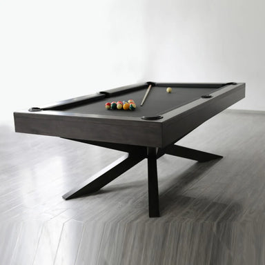 White Billiards Asbury modern pool table featuring bold geometric legs and sleek black felt.