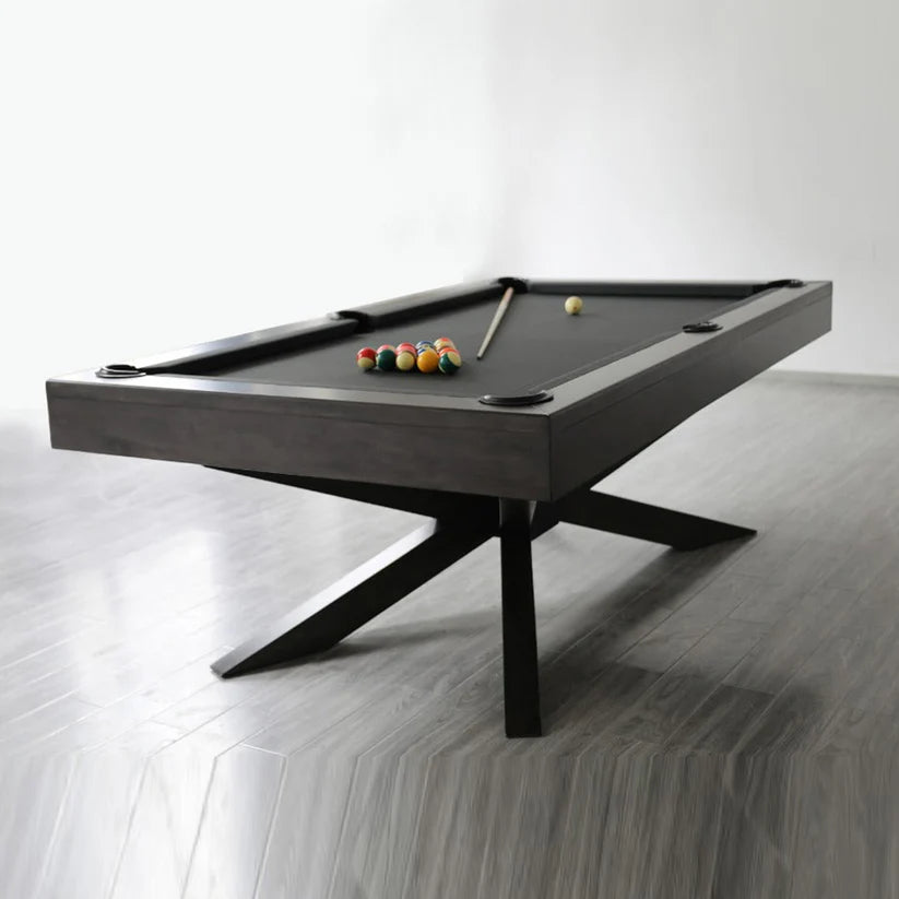 White Billiards Asbury modern pool table featuring bold geometric legs and sleek black felt.