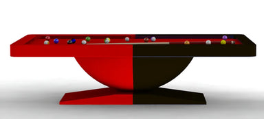 White Billiards Dome pool table in red and black split-tone design, shown from a centered side view