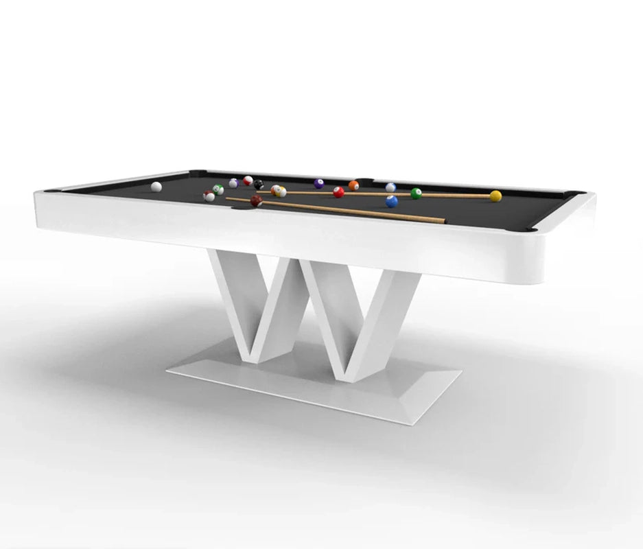 White Billiards Evalina luxury pool table with bold white V-shaped pedestal base and black felt top on a white background