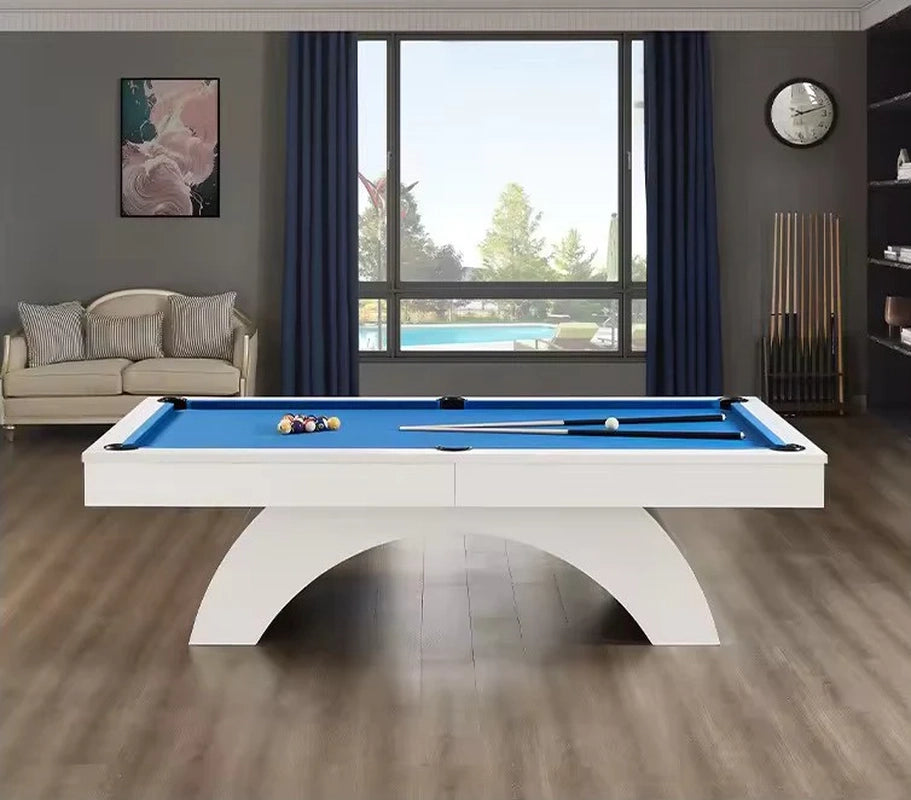 White Billiards Karmen modern pool table with blue felt and arched white base in contemporary game room setting