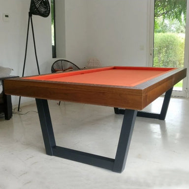 White Billiards Lorren luxury slate pool table with dark walnut frame and orange felt