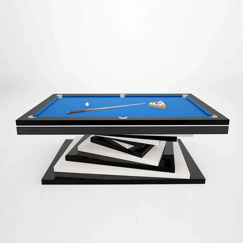 White Billiards Neavio pool table with vibrant blue felt and black base