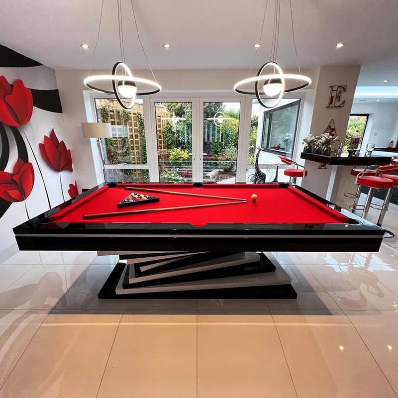 White Billiards Neavio luxury pool table in red felt set in a bold, modern game room