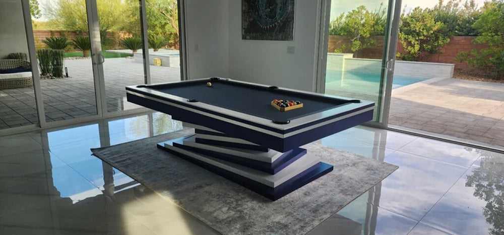Side angle of White Billiards Neavio slate pool table in blue felt finish