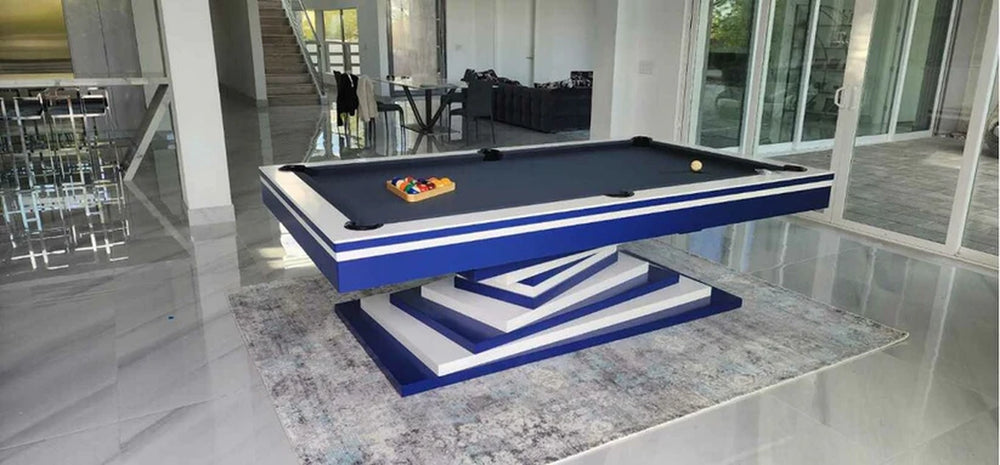 White Billiards Neavio modern pool table with bold blue felt and clean design