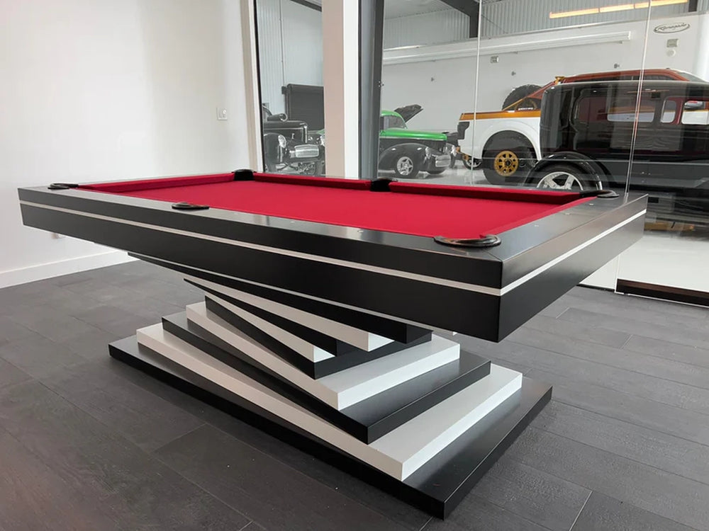 Side profile of White Billiards Neavio luxury billiard table in red felt