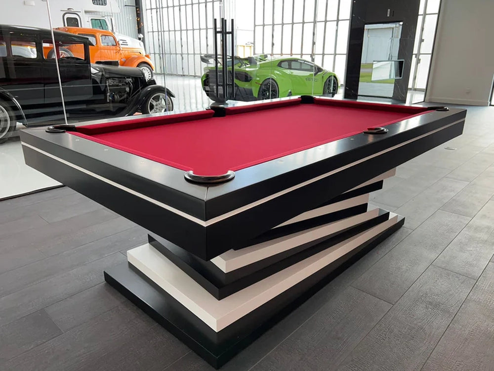 White Billiards Neavio slate pool table in red felt with luxury car showroom backdrop