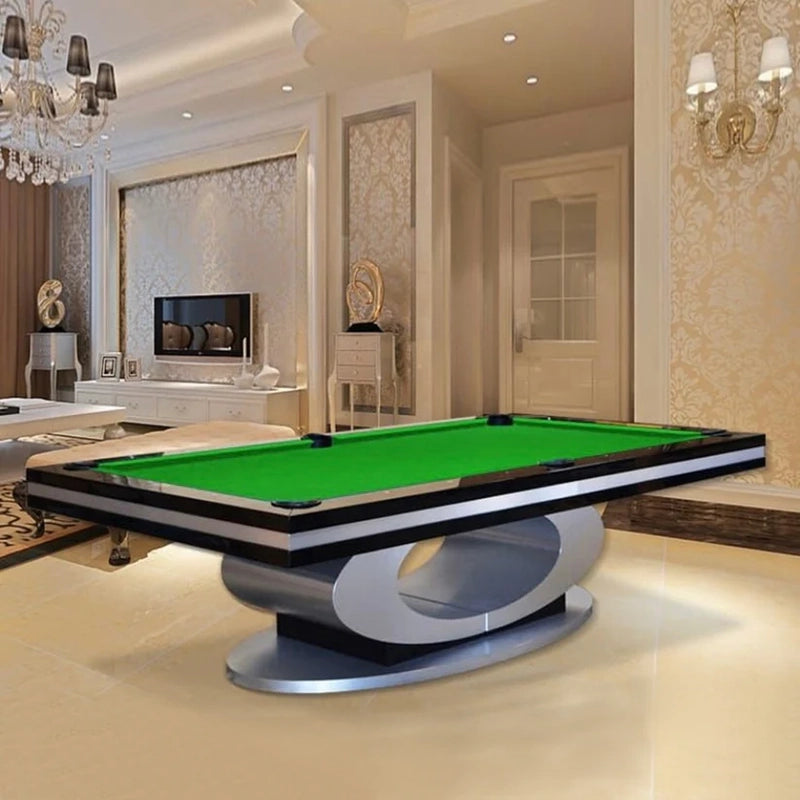 Side view of White Billiards Sierra slate pool table with green felt and elegant backdrop