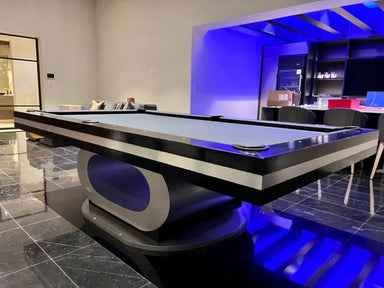 White Billiards Sierra modern pool table with metallic base and glowing blue backlight