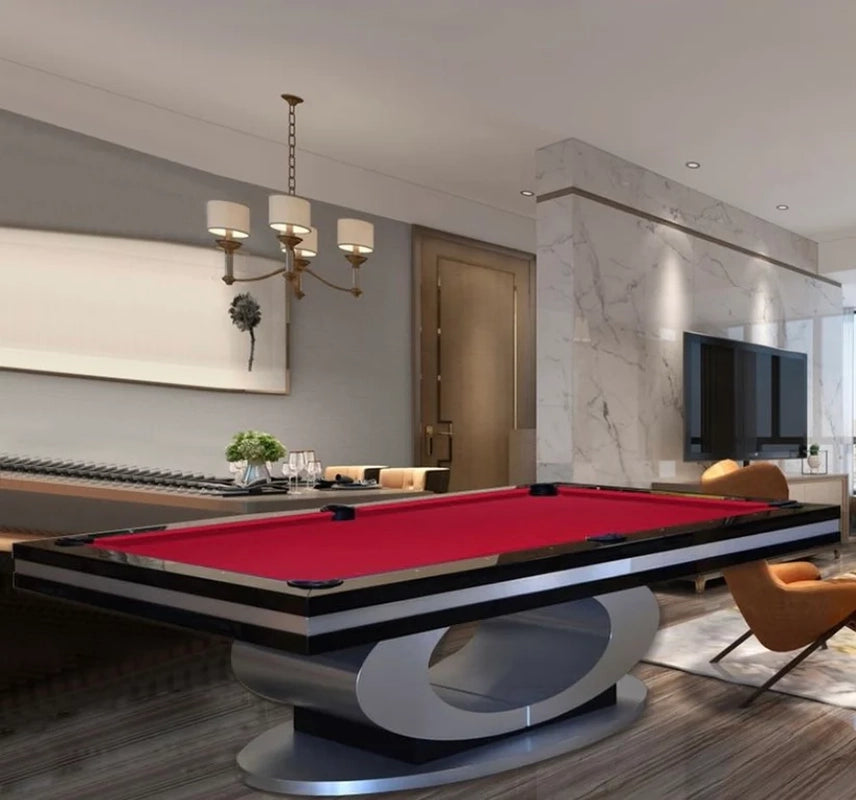 White Billiards Sierra luxury pool table with red felt and elliptical pedestal base