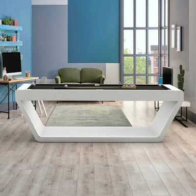White Billiards Sofia pool table with sleek design and black felt in modern space