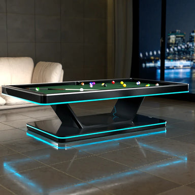 Hero shot of the White Billiards Stark table with glowing blue LED base, green playing surface, and contemporary aesthetics.