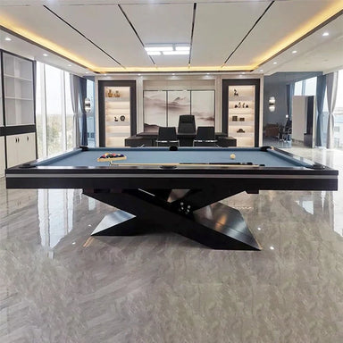 White Billiards Ultimate slate pool table in luxury office with polished blue felt