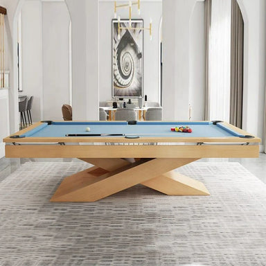 White Billiards Ultimate pool table with light wood frame and sky blue felt