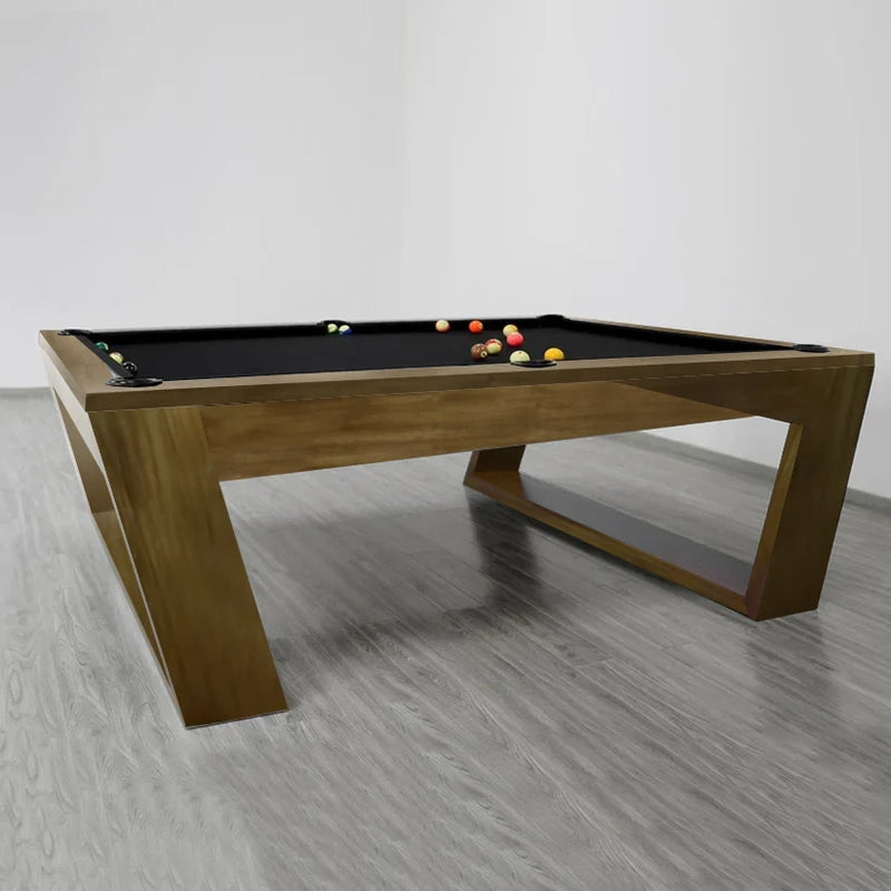 Angled view of White Billiards Valenti wood pool table showcasing sleek design and styling