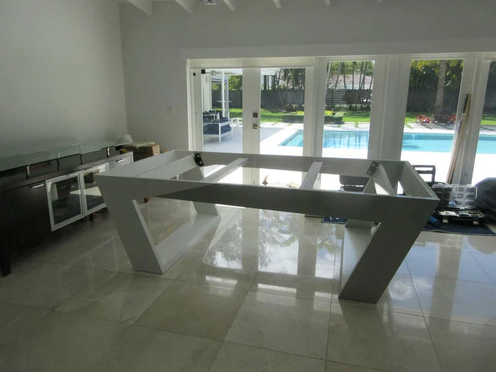 White Billiards Valenti designer pool table frame showing minimalist architectural base
