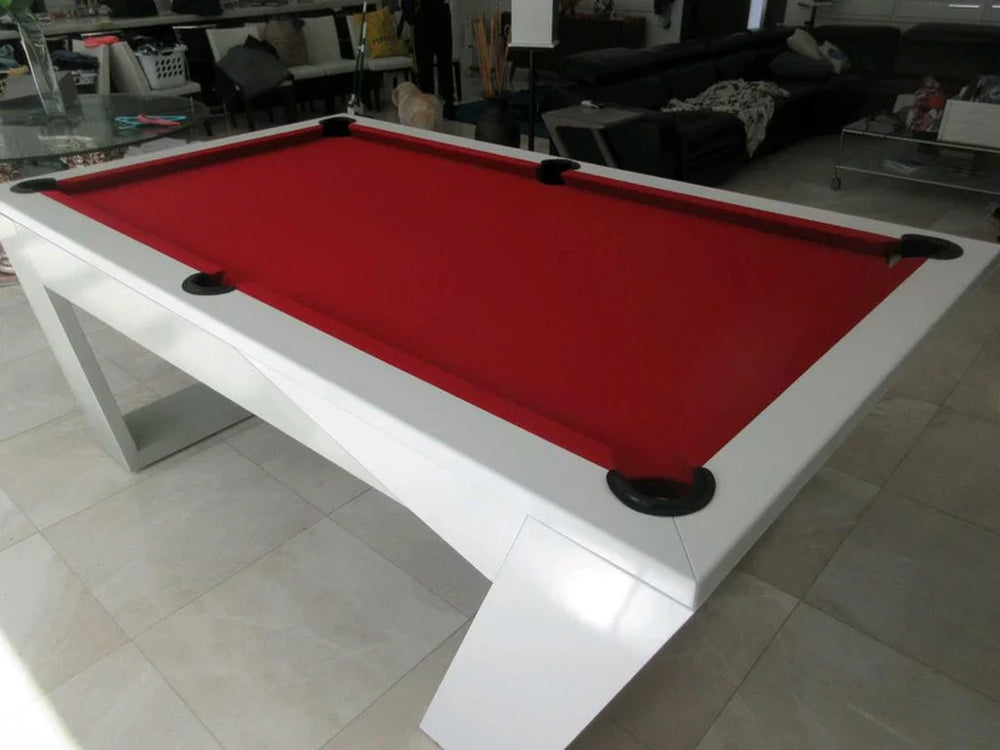 White Billiards Valenti modern slate pool table with white base and bold red felt