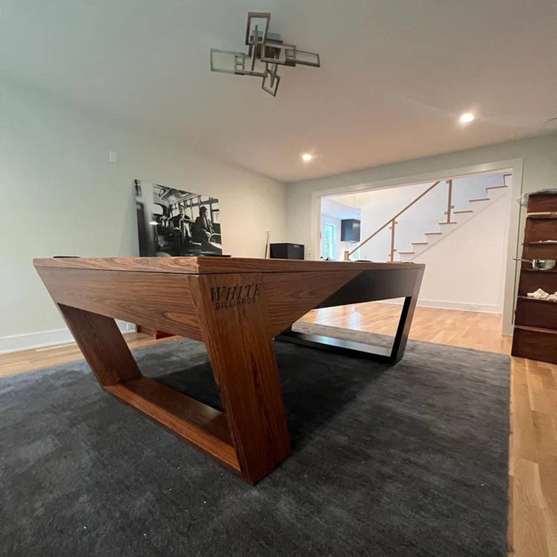 White Billiards Valenti modern pool table with natural wood base in a contemporary interior