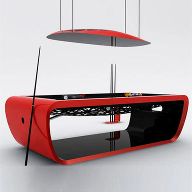 White Billiards Aldo red base pool table with sleek black playing surface, modern minimalist design on white background.