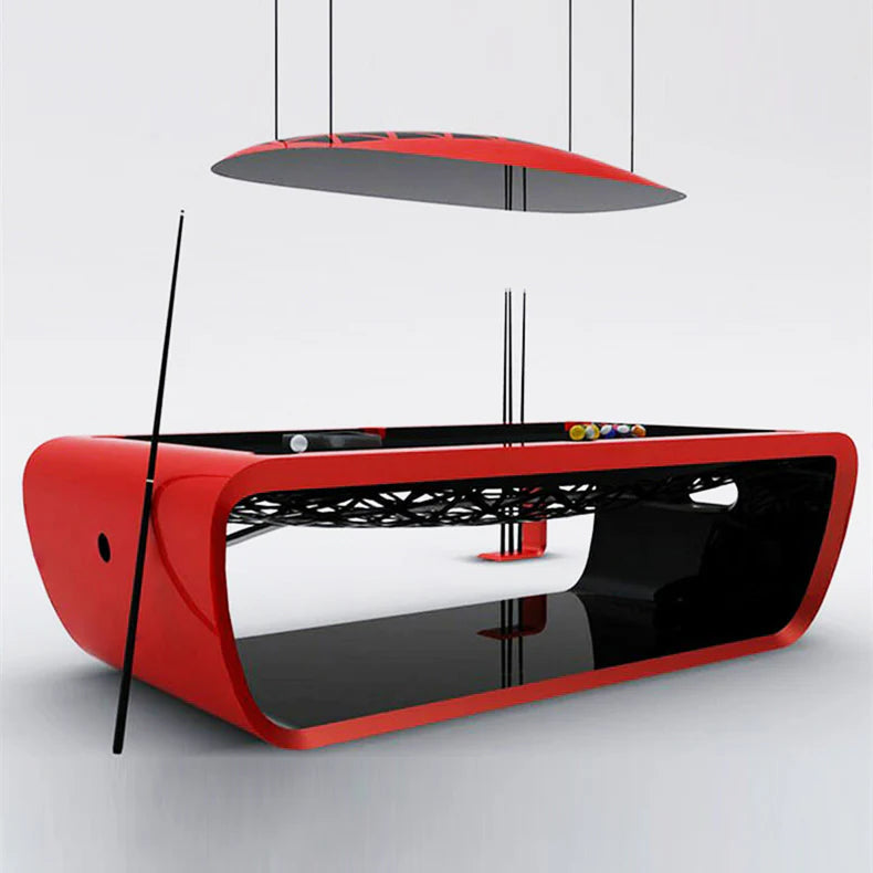 White Billiards Aldo red base pool table with sleek black playing surface, modern minimalist design on white background.