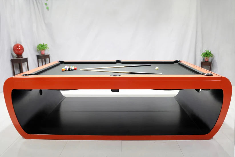 White Billiards Aldo pool table with vibrant red exterior and black interior, displayed in a lifestyle game room with ceiling decor.