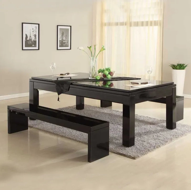 Black White Billiards Alpha pool table setup as a dining table with matching bench