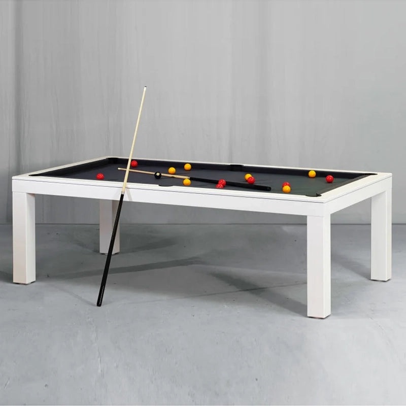 White Billiards Alpha dining pool table in sleek white base with black felt for contemporary spaces