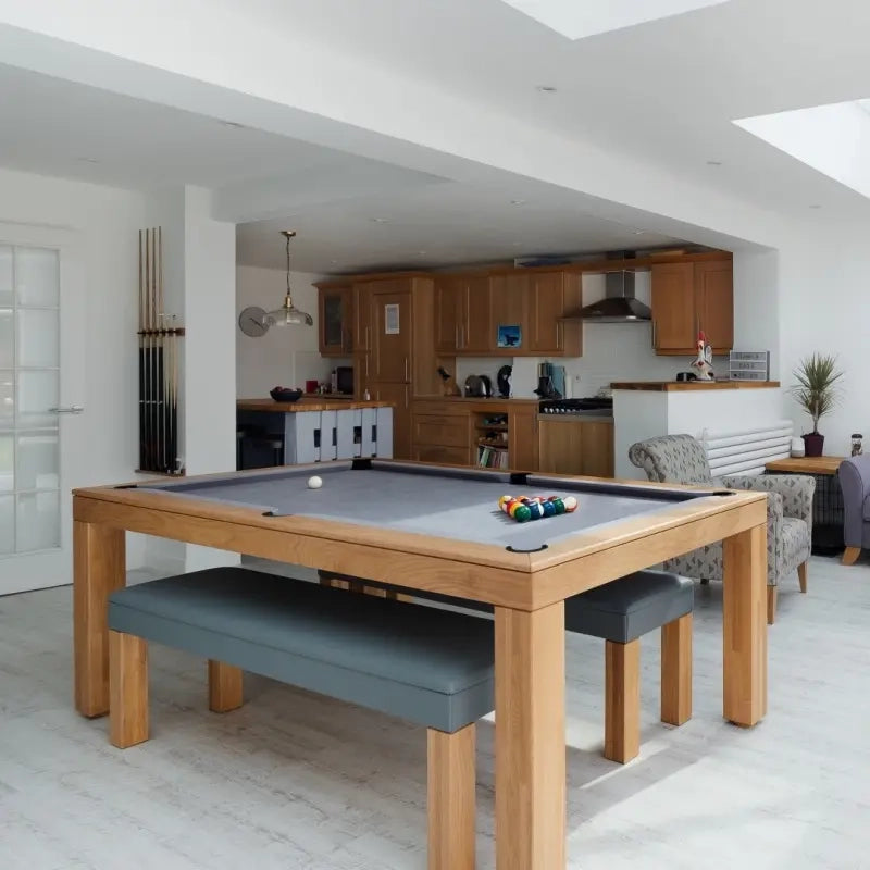 White Billiards Alpha pool dining table with oak wood base and cream felt in game mode