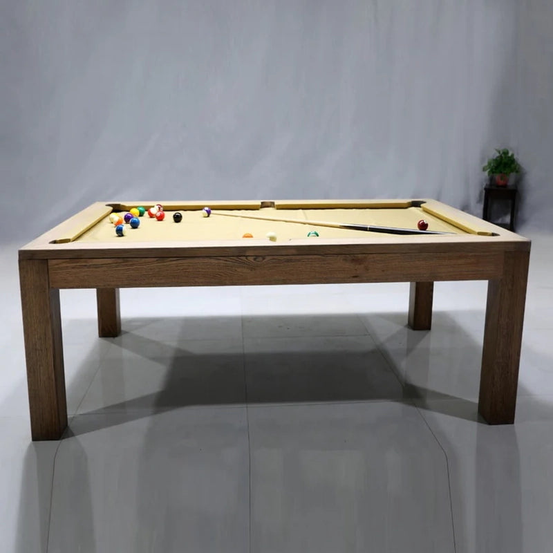 Side view of White Billiards Alpha wood base dining pool table in oak finish