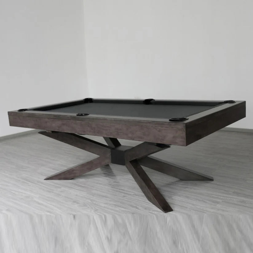 Angled view of the White Billiards Asbury pool table with modern wood finish and black felt.