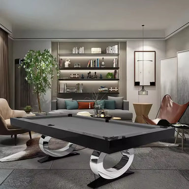 White Billiards Daphne designer billiards table styled in a contemporary living room with chrome loop legs