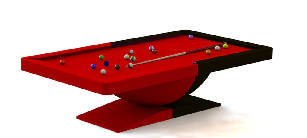 White Billiards Dome pool table in bold red and black finish with billiard balls and cue stick on red felt