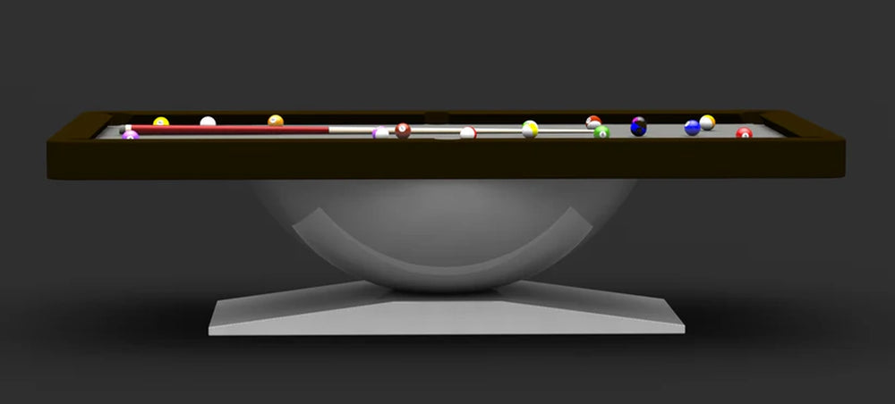 Front view of White Billiards Dome table with black frame and gray felt, showcasing its sculptural curved base