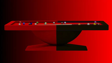 White Billiards Dome modern pool table with red felt and black edge, featured on a dramatic red background