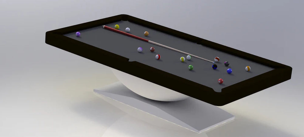 Modern White Billiards Dome with sleek black frame and gray felt, featuring a white semi-sphere pedestal