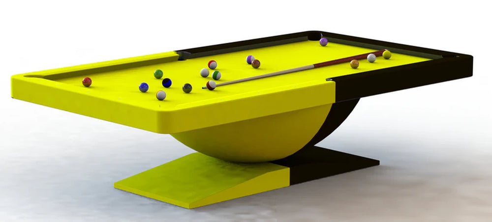 Vibrant yellow and black White Billiards Dome pool table with matching yellow felt and cue ball setup