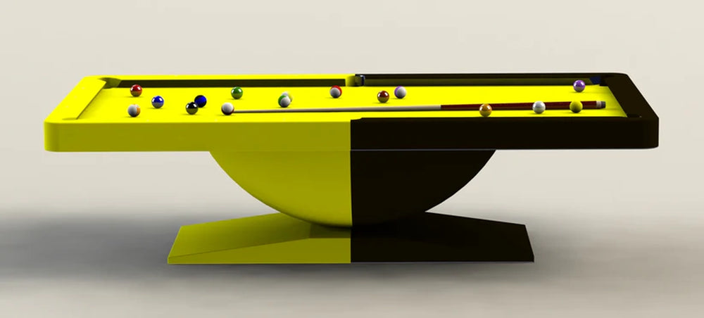 Symmetrical front view of White Billiards Dome in yellow and black colorway with bright yellow felt and playing balls