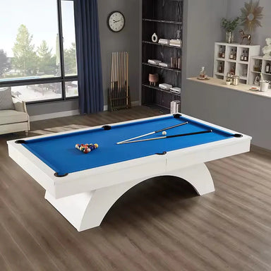 Angled view of White Billiards Karmen pool table with blue cloth and bold white architectural pedestal base