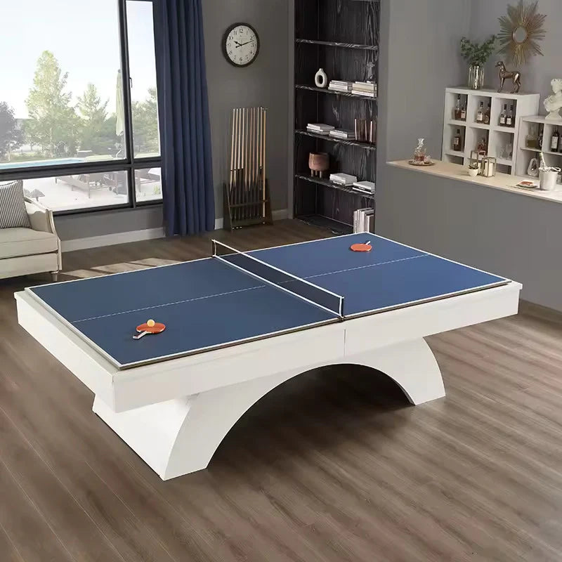 White Billiards Karmen table with ping pong conversion top, dual-functionality in a luxury home entertainment room