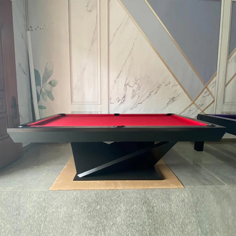 White Billiards Kyoto pool table with bold red felt and sculptural black base