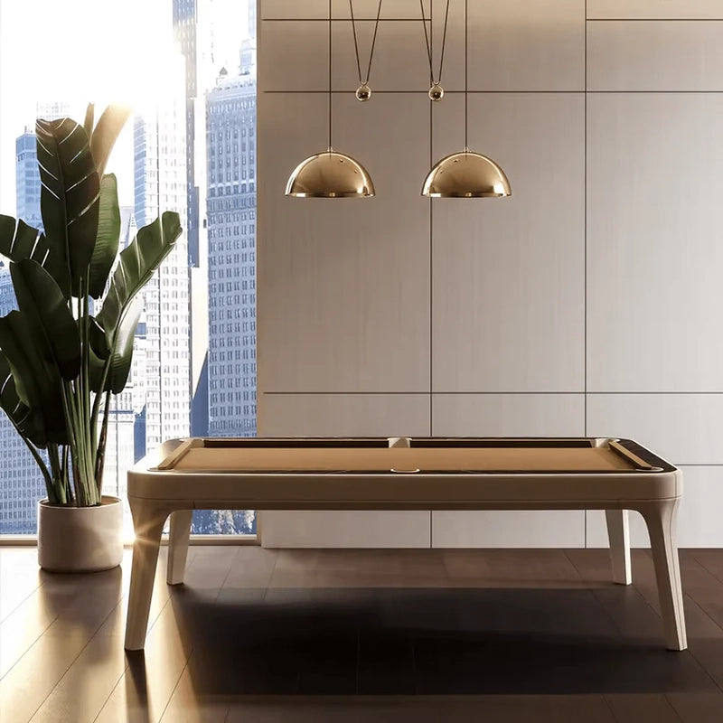 White Billiards Morris luxury billiards table with beige frame and camel felt in a high-rise interior setting