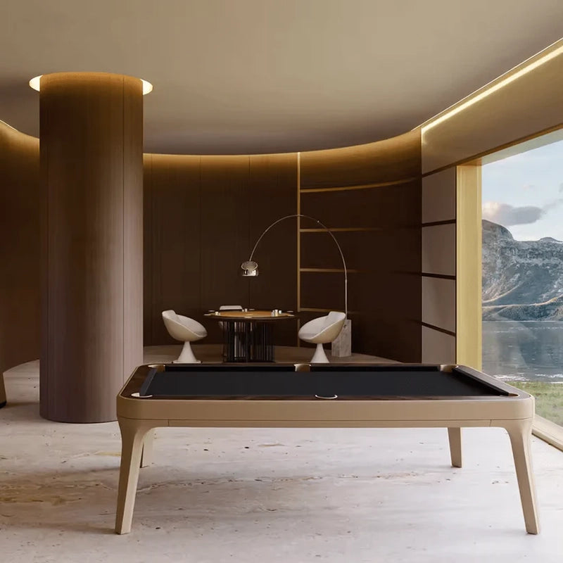 Elegant White Billiards Morris table with black felt and beige frame in a curved glass-walled office space