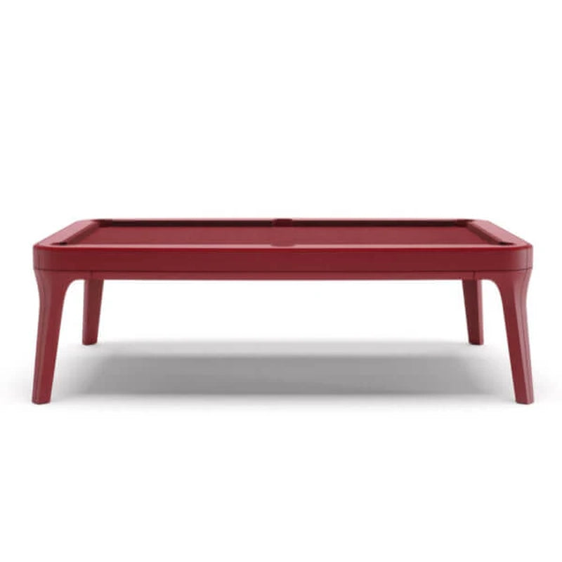 Vibrant red White Billiards Morris designer pool table with minimalist curved legs on white background
